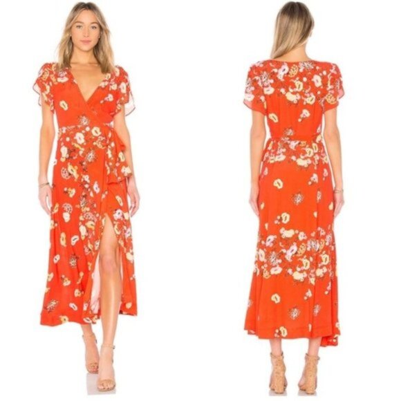 Free People Jess Red Floral Wrap Maxi Dress | Size Small - Picture 1 of 8